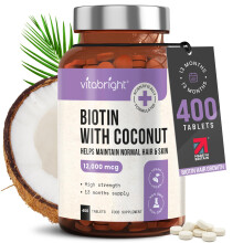 VitaBright Biotin Hair Growth Vitamins | 12000mcg | 400 D-Biotin Tablets with Coconut | Vegan Hair Vitamins for Women and Men | High
