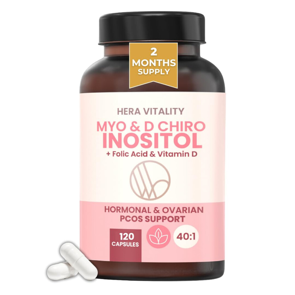 Hera Vitality Inositol Supplement For Women - 2 Month Supply - 120 Capsules | Myo-Inositol & D-Chiro 40:1 With Folic Acid & Vitamin D | Pcos, Ho