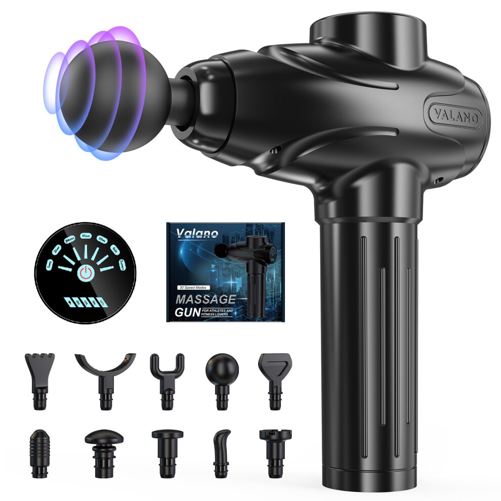Valano Massage Gun Deep Tissue - Portable Percussion Massager With Lcd Touch Screen & Quiet Motor, 10 Heads For Athletes Recovery, Muscle