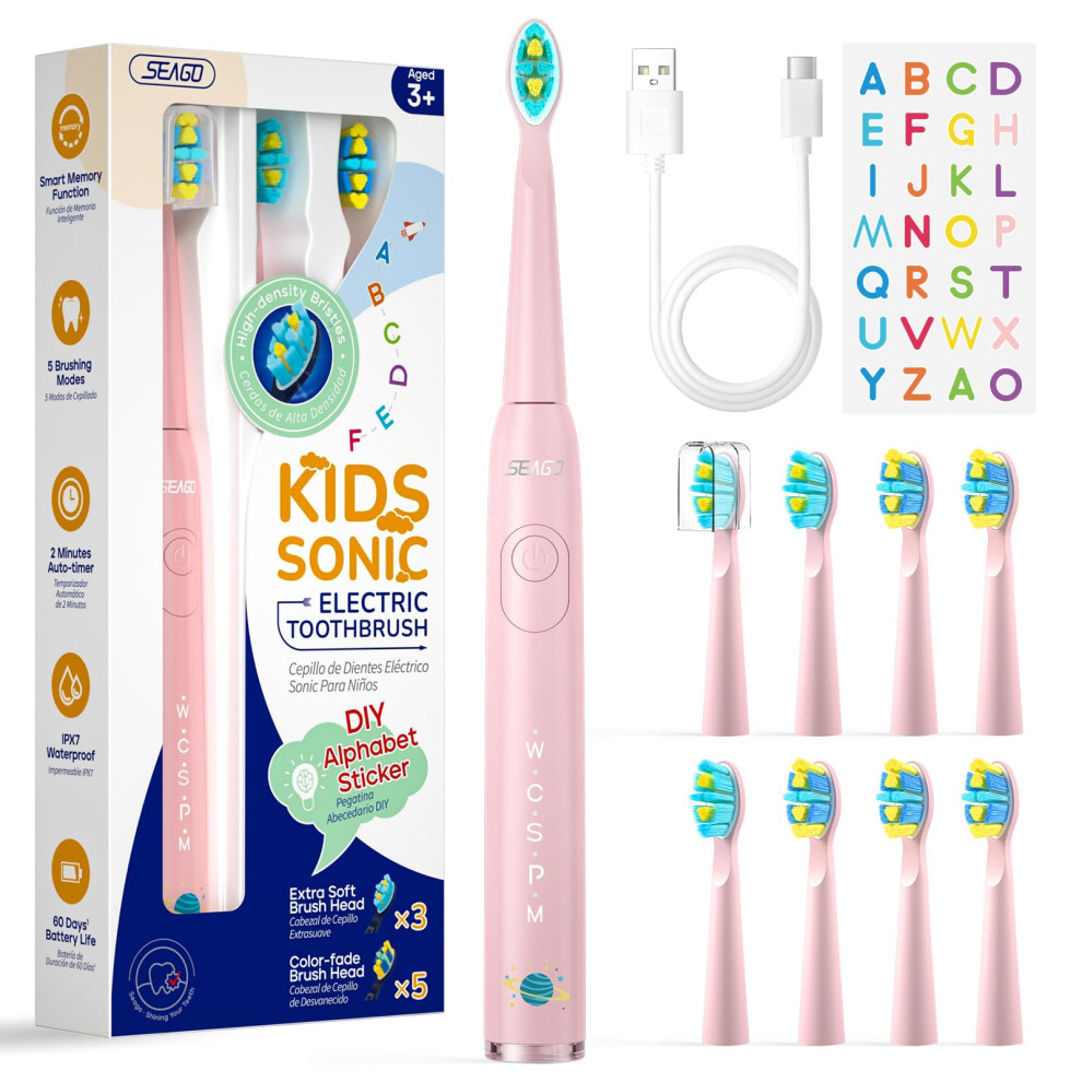 Seago Kids Electric Toothbrush 3 5 6 8 9 10 12, Childrens Rechargeable Battery Toothbrushes With Funny Diy Stickers, 2 Mins Timer,
