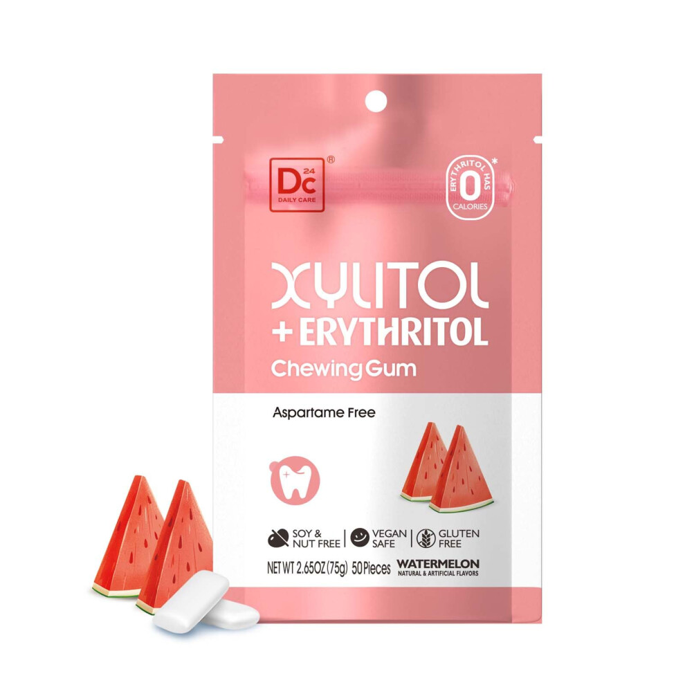 Dc24 Daily Care Aspartame Free & Sugar Free Gum, Xylitol Chewing Gum With Erythritol, Low-Calorie, Sugarless, Watermelon Flavored