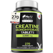 Nu U Nutrition - Creatine Monohydrate Tablets 3000mg - 270 Vegan Tablets - 3 Month Supply - Pre Workout Supplement for Men & Women - Powder