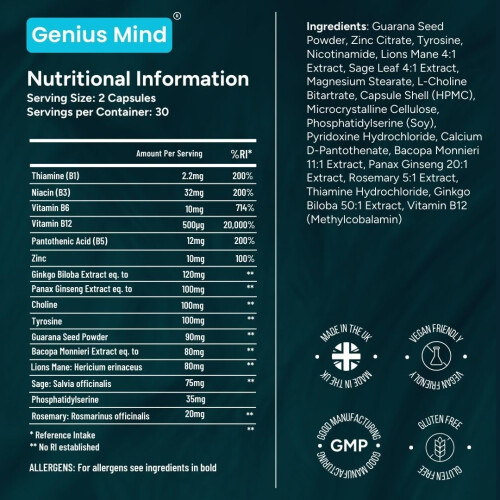 JustFloow Genius Mind Nootropic Brain Supplement, Support Cognitive Function, Energy Levels, Focus & Memory Function - 16 Brain B 1