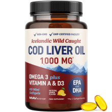 Cod Liver Oil Softgels 1000MG | Omega 3 + Vitamin A & D3 | Wild Caught Cod Liver Oil, Icelandic Sourced & Molecularly Distilled |
