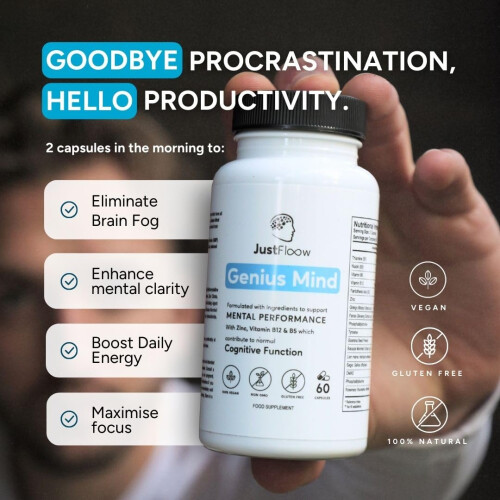 JustFloow Genius Mind Nootropic Brain Supplement, Support Cognitive Function, Energy Levels, Focus & Memory Function - 16 Brain B 2