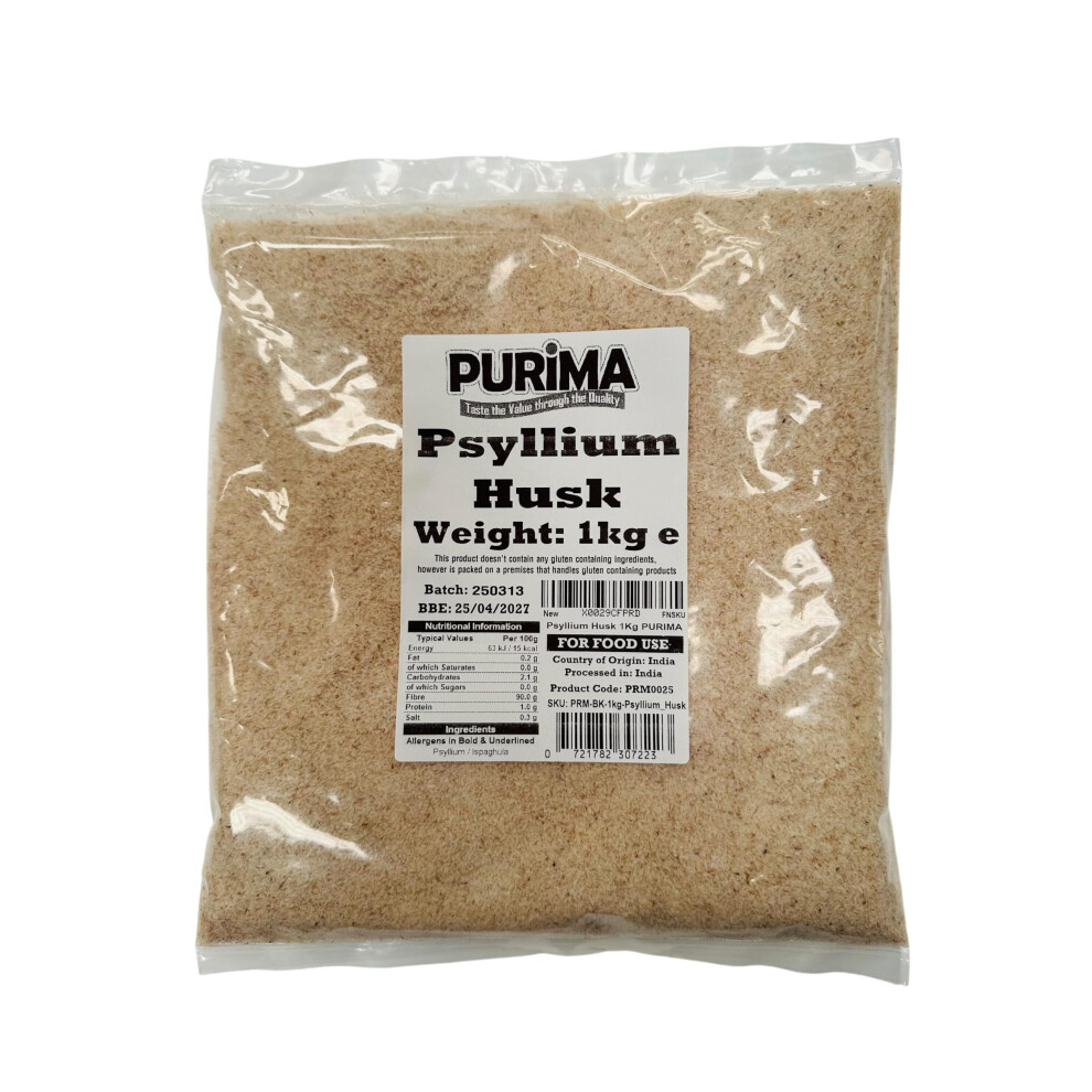 Purima Psyllium Husk 1Kg Â 99% Purity Blond Whole Husks Flakes Bulk Soluble Natural Fibre For Baking Drinks Food Humans Eat Gut Laxatives