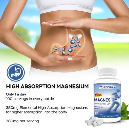 Magnesium Supplement Complex MGSPORT - High Absorption with Vitamins B6, D, E - Supports Muscle Function, 60 Servings 1