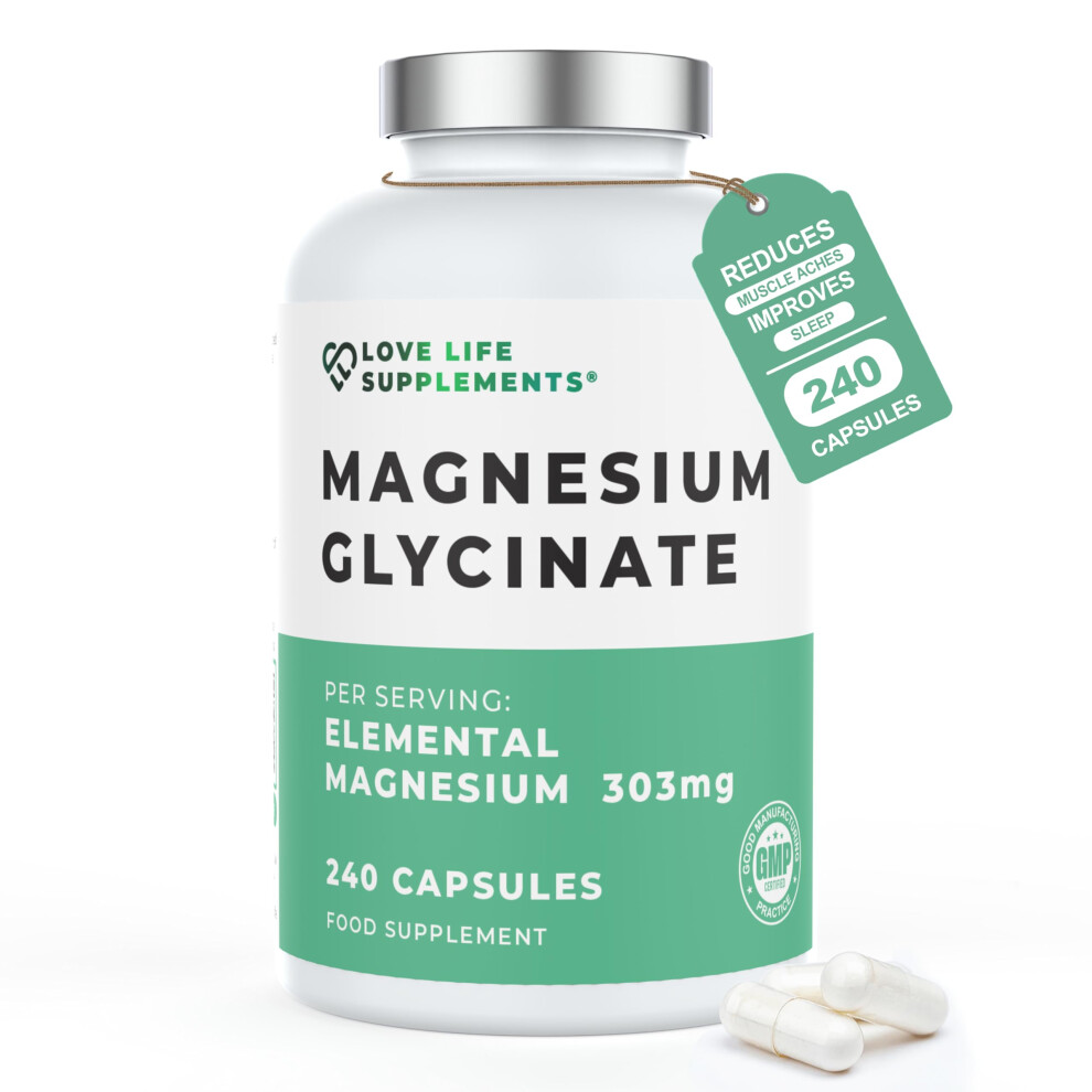 Love Life Supplements Magnesium Glycinate (Bisglycinate), 2 Month Supply - 240 Capsules, 2750Mg (303Mg Magnesium), Chelated Magnesium Supplements, Highly Bioavailable, Mad