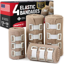 Premium Compression Bandage - 4pk (2x7.5 cm, 2x10 cm) with 12 Extra Clips - Durable Elastic Bandage Wrap - Stretches up to 4.6m -