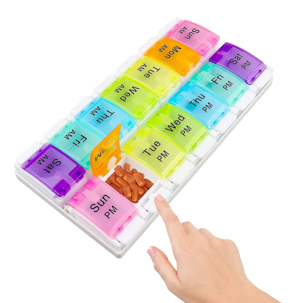 Kuou Weekly Pill Box Organiser, Portable Weekly Tablet Box Organiser With Unique Push Buttons Open Design, 7 Day 2 Times Am Pm Large Me