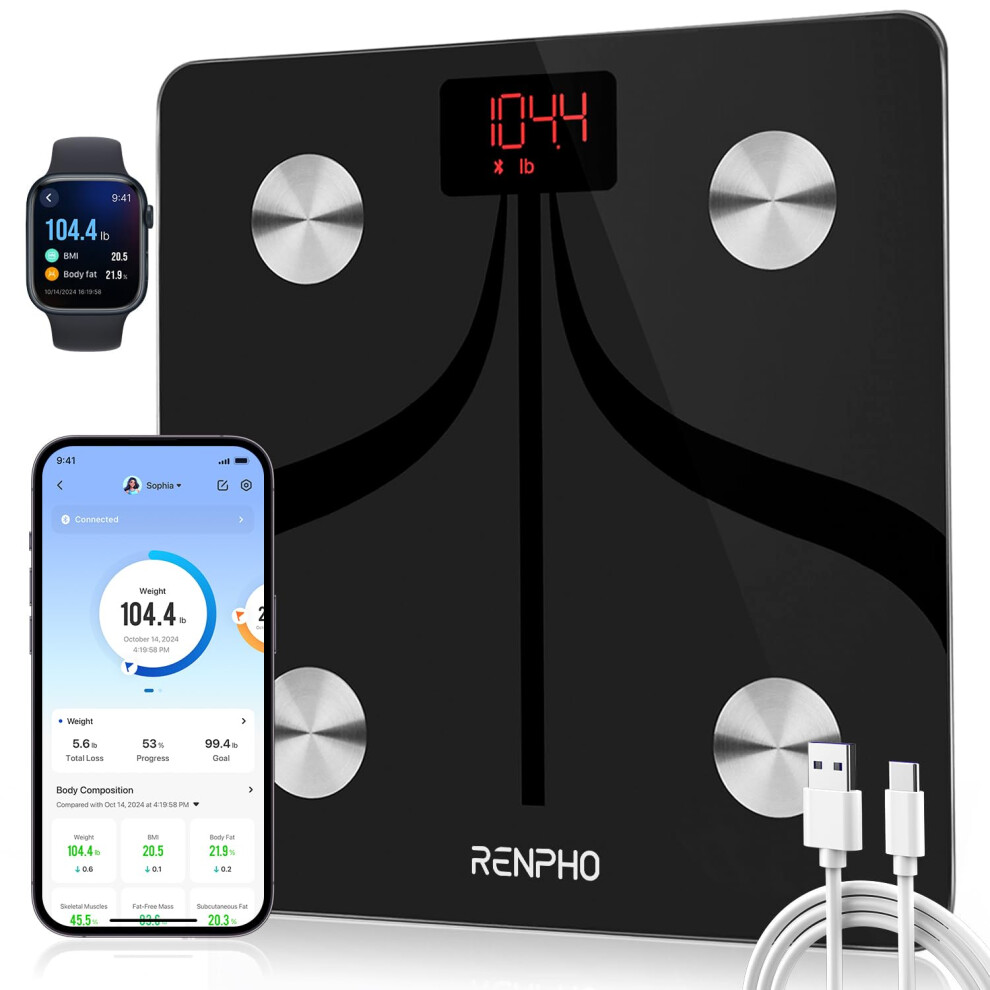 Renpho Smart Body Fat Scales Usb Rechargeable, Bathroom Scales For Body Weight High Precision Weighing Scale With Bluetooth Smart