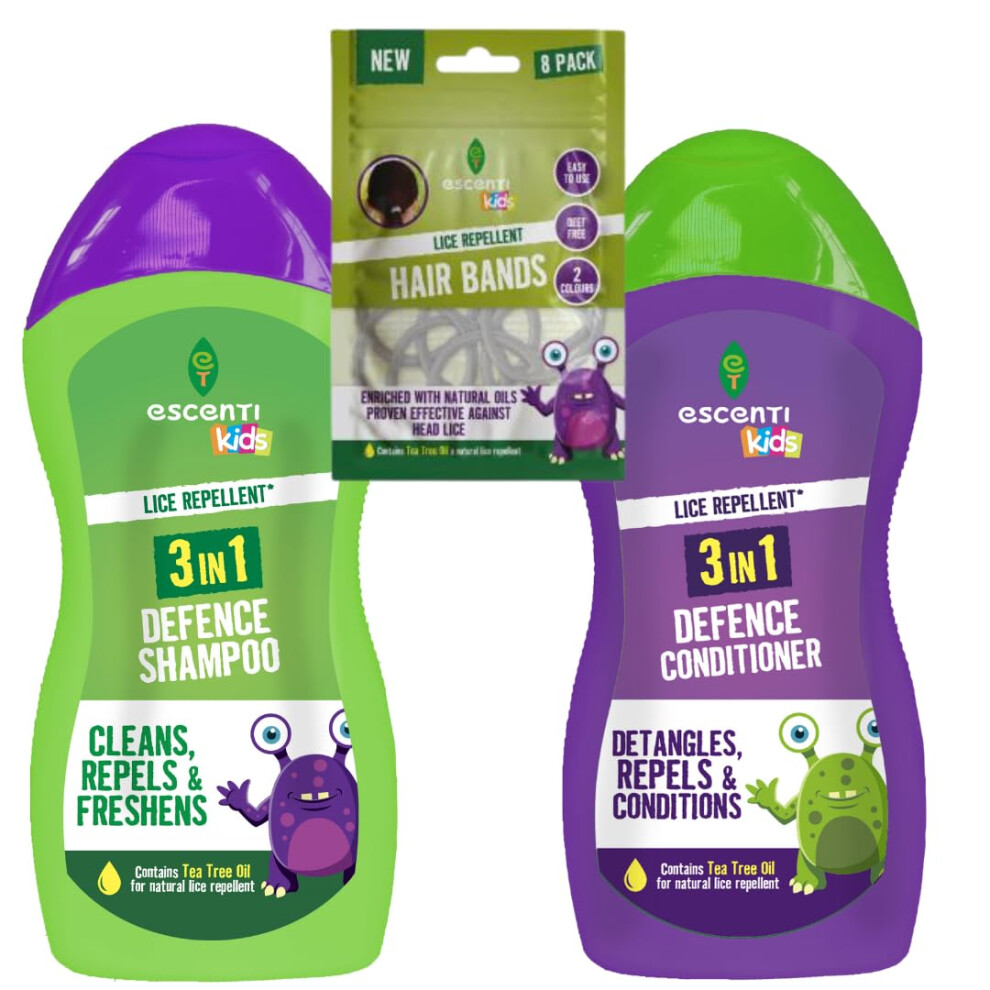 Abl Supplies 3 In 1 Head Lice Repellent Kids Shampoo & Conditioner With 8 Lice Repellent Hair Bands Included | Head Lice Repellent Defence Trea