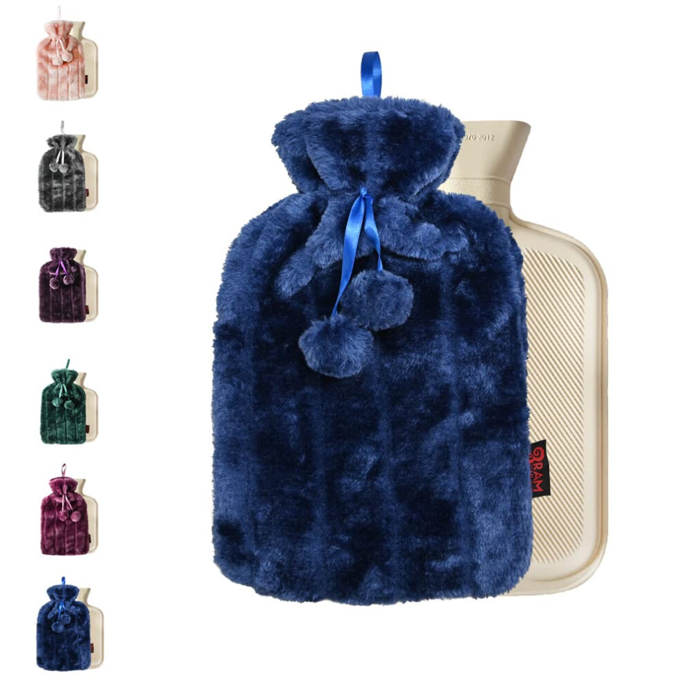 Ram Online Blue Ram 2 Litre Cosy Navy Luxury Hot Water Bottle With Faux Fur Cover And Pom Poms