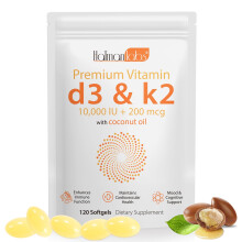 Premium Vitamin D3 & Vitamin K2 (MK-7) Softgels 120 Count Easy-Swallow VIT D3 K2 with Coconut Oil Gluten Free, High Strength Vitam