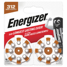 Energizer Hearing Aid Batteries Size 312 (16 Pack) – Our Long Lasting Ever - Zinc Air Power - Easy Installation EZ Turn & Lock Packaging -