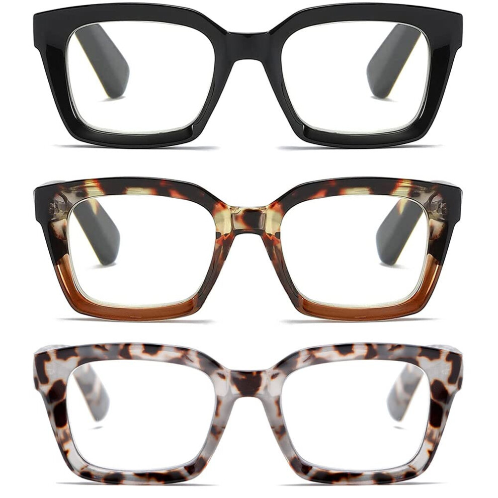 Fsread Blue/Light 3 Packs Oversized Reading Glasses For Women Blocking Computer Readers Retro Spring Hinge +1.5