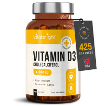 Vitamin D3 4000 IU Daily | 425 Softgels - 14 Month Supply | High Strength Vitamin D Tablets | Sugar-Free Softgels, NOT VIT D Gummi