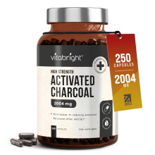 VitaBright Activated Charcoal Tablets for Stomach Wind | 2004mg | 250 Capsules | Activated Charcoal Powder in Easy-Open Veggie Cap