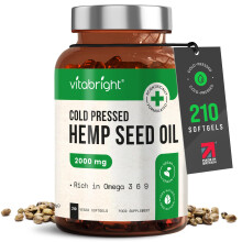 VitaBright Vegan Hemp Oil (for Humans) Omega 3 6 9 Capsules High Strength | 2000mg Daily | 210 Hemp Seed Oil Capsules | 3+ Months