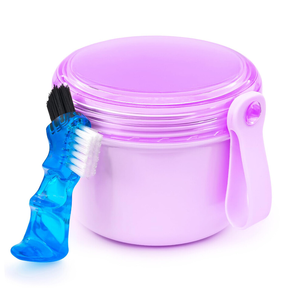 Ezeelai Leak Proof Denture Bath Box With Screw Lid, Denture Cup Holder False Teeth Container Retainer Cleaning Case With Travel Brush - Pu