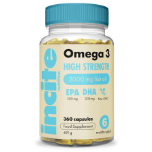 Incite Nutrition Omega 3 Fish Oil Capsules 2000 mg. 360 Softgels. 6 Month Supply of High Strength Omega 3 Fatty Acids with EPA & D