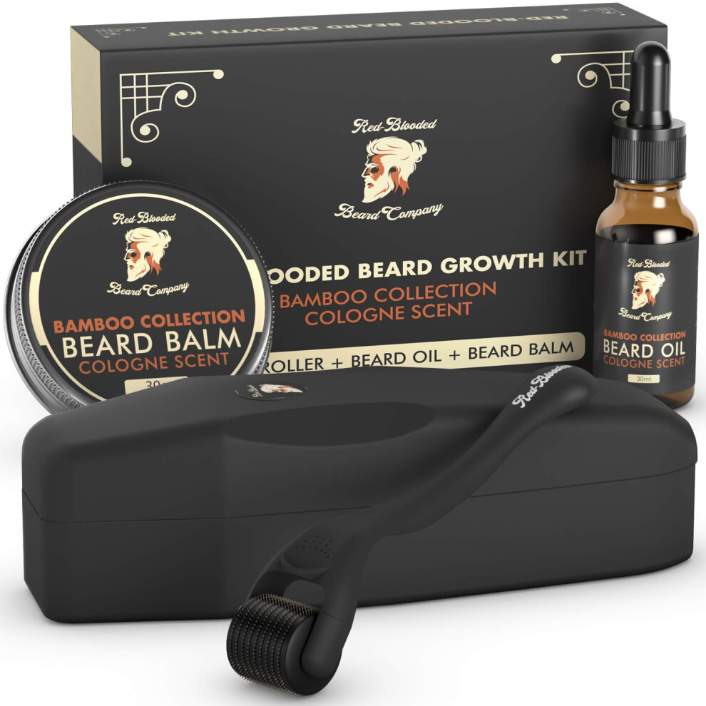 Red-Blooded Red -Blooded Beard Growth Kit - Beard Roller + Beard Oil + Beard Balm - Stimulate Beard And Hair Growth With This Cologne Scented B