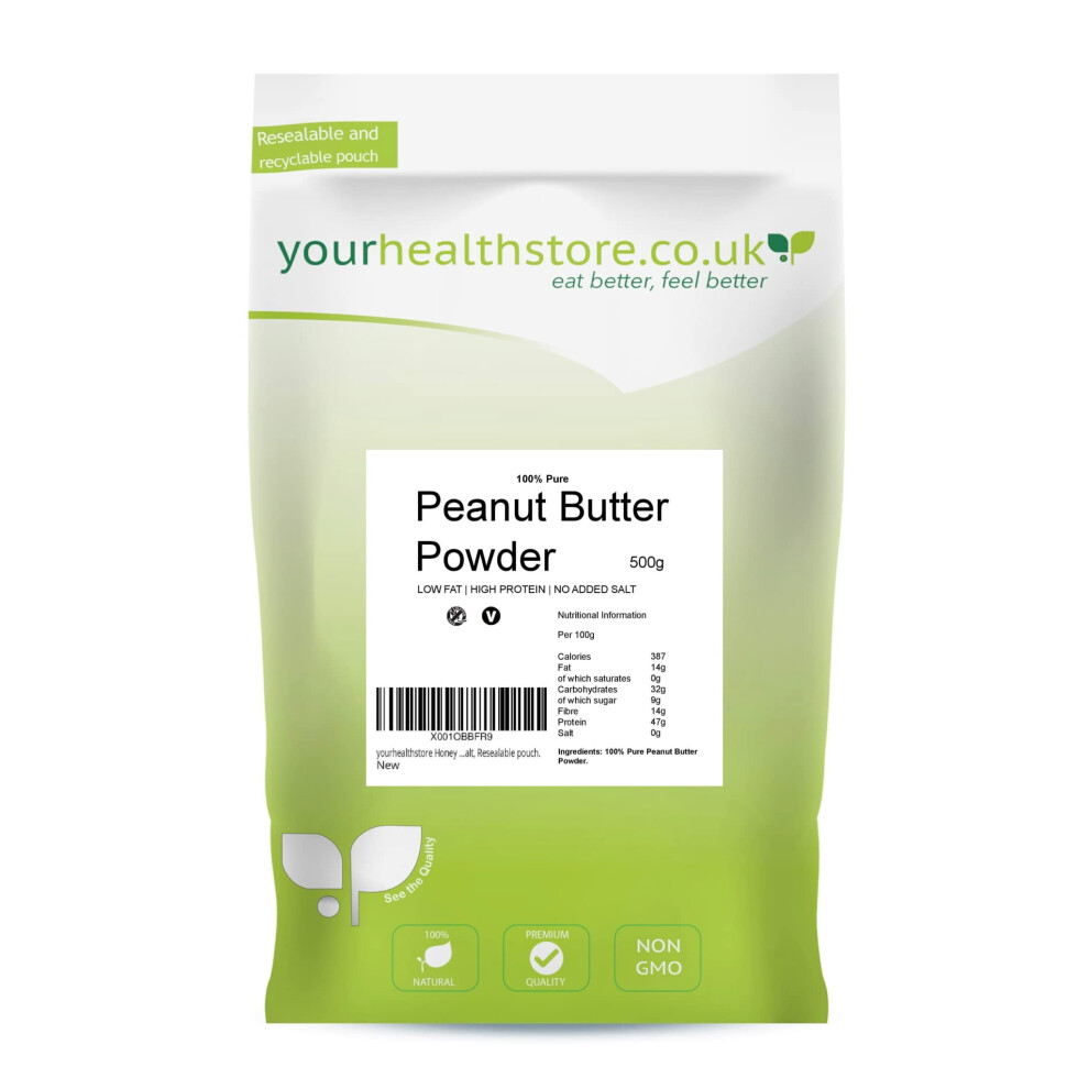 Yourhealthstore 100% Pure Peanut Butter Powder 500G, High Protein, Low Fat, Vegan, No Salt, Nothing Added, Resealable Pouch.