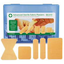 CorePlast Sterile Fabric Plasters Hard Box Assorted Washproof Plaster Pack 100, Tough, Sticky, Finger Stretchable Medical Plasters