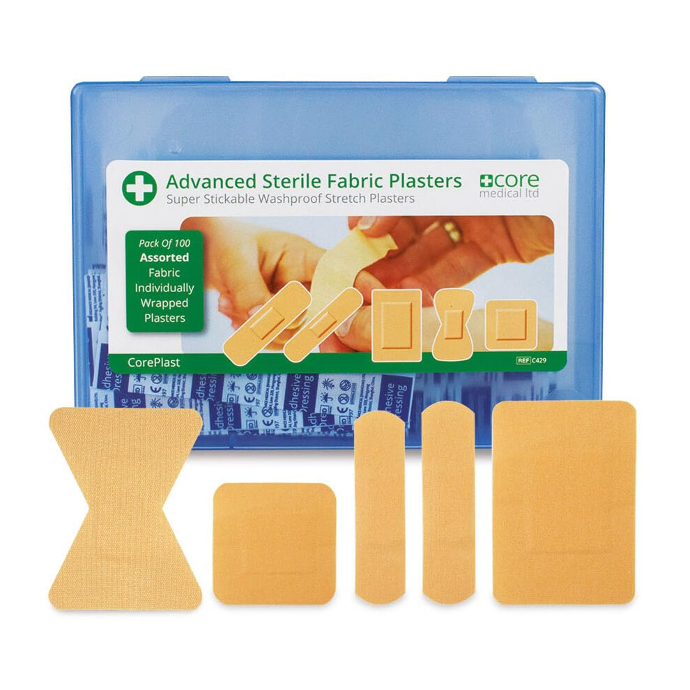 Core Medical Coreplast Sterile Fabric Plasters Hard Box Assorted Washproof Plaster Pack 100, Tough, Sticky, Finger Stretchable Medical Plasters