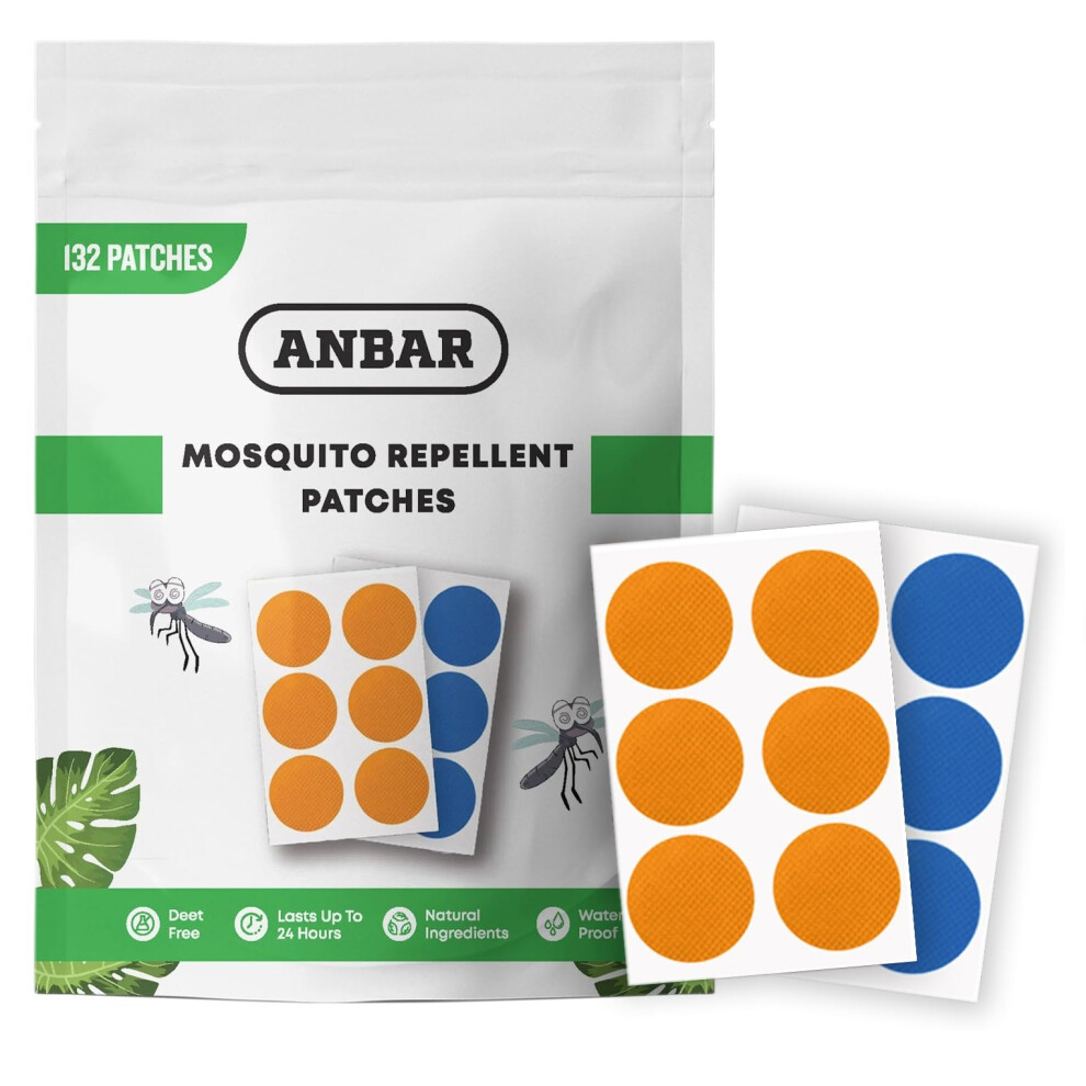 Anbar Mosquito Repellent Patches For Kids And Adults, 132 Patch Set, Small Waterproof Stickers To Repel Bugs And Insects, Deet Fre