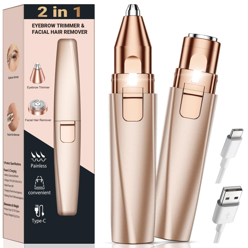 Bissuuy Peach Eyebrow Trimmer Facial Hair Removal For Women: 2 In 1 Rechargeable Face Shaver And Eyebrow Razor - Painless Electric Hair Remover