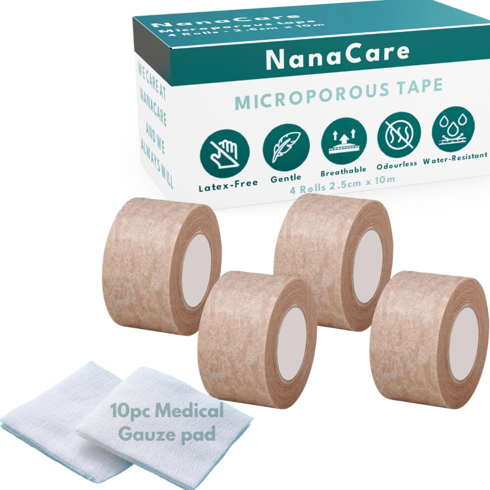 Nanacare Tan Microporous Surgical Tape 2.5Cm X 10M (4 Rolls) | Tan Micropore Tape | Skin Coloured Nose Tape |Medical Tape For Skin