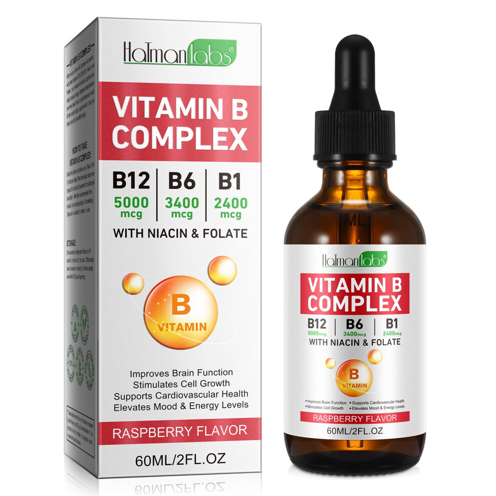 Xayghe Liquid Vitamin B Complex Supplement, B Vitamins Complex - Vitamin B12 B1 B6 Niacin & Folate, 60Ml, Raspberry Flavour - Supports Br