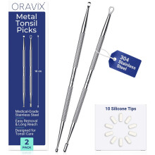 Oravix Tonsil Stone Remover Pack of 2 (18 cm), Metal Tonsil Stone Removal Tool, Surgical-Grade Stainless Steel Metal Pick with 10
