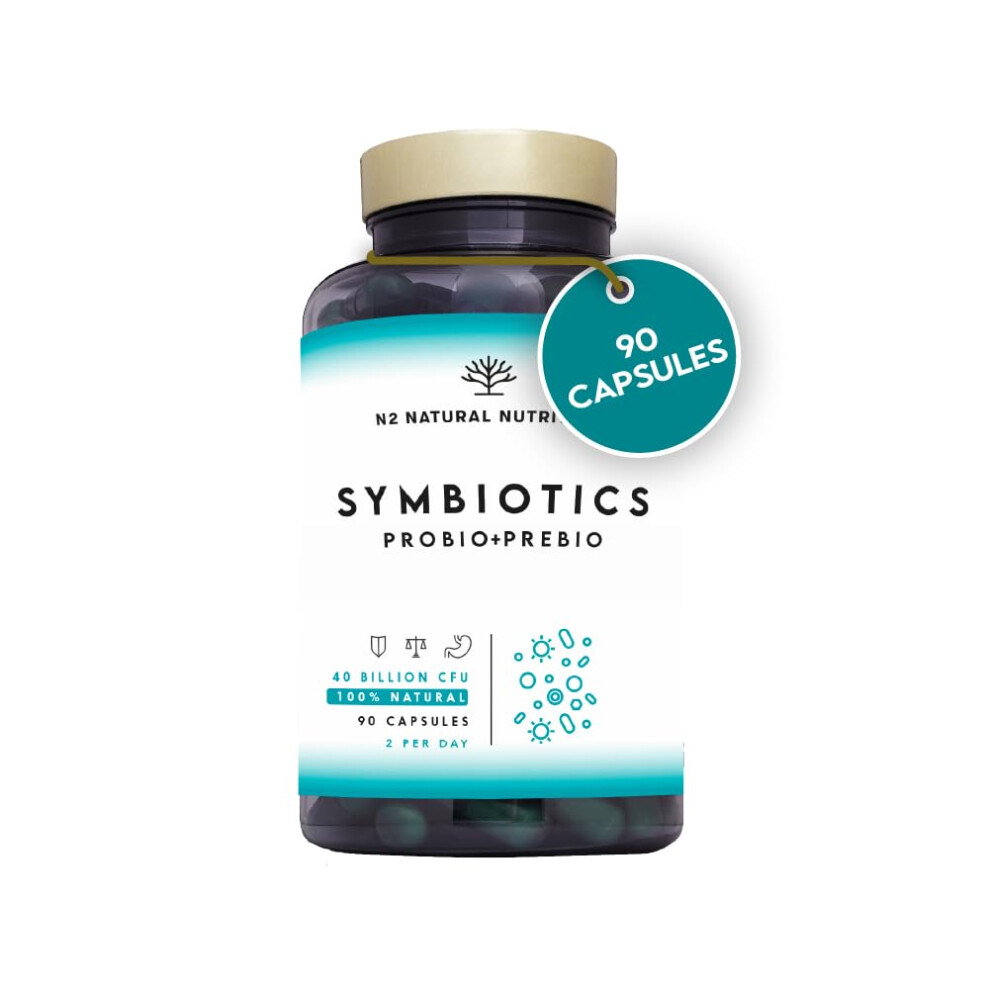 N2 Natural Nutrition Probiotics And Prebiotics Supplement For Adults, 40 Billion Cfu, 6 Probiotic Strains With Inulin. 90 Vegan Capsules. N2 Natural Nu