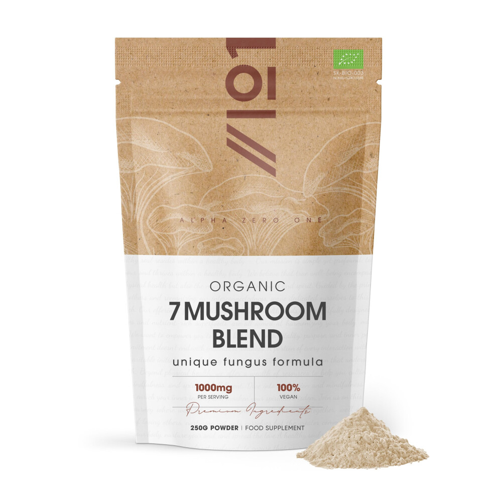 Alpha01 White Organic 7 Mushroom Blend Powder 250G ~ Reishi, Cordyceps Sinensis, Lion's Mane, Fungus, Maitake, Shiitake & Chaga Mushroom S