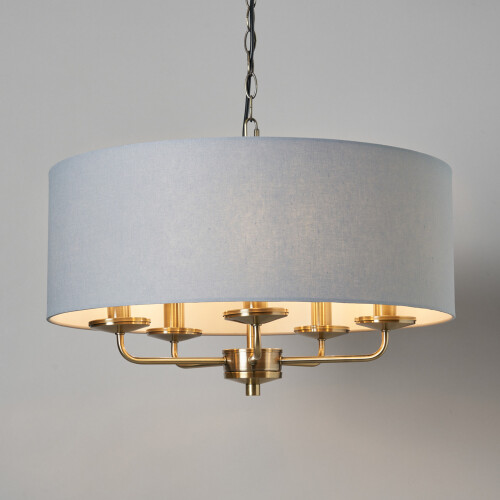 Litecraft Celia Ceiling Pendant Bluish Grey Drum Shaded 5 Light - Antique Brass 1