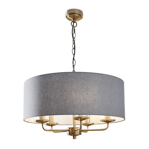 Litecraft Celia Ceiling Pendant Bluish Grey Drum Shaded 5 Light - Antique Brass