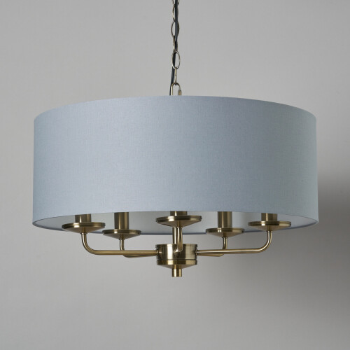 Litecraft Celia Ceiling Pendant Bluish Grey Drum Shaded 5 Light - Antique Brass 2