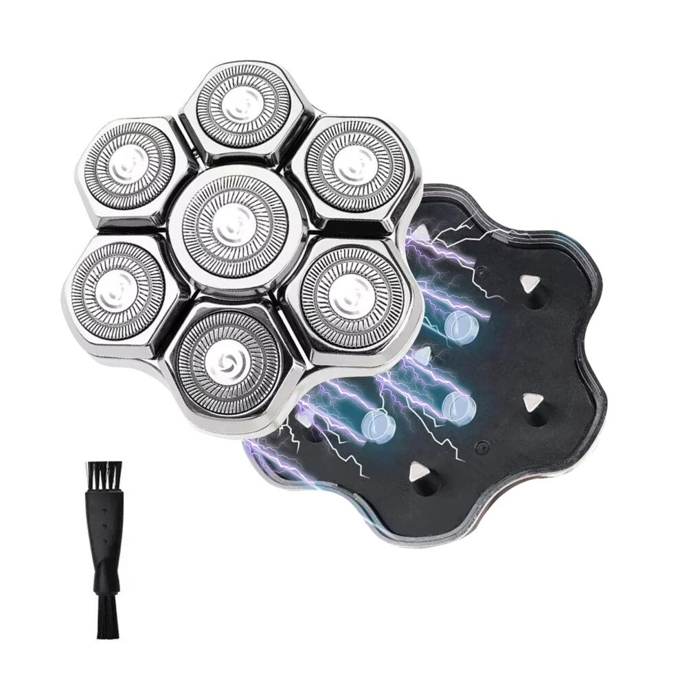 Silver 7 Blades Magnetic Head Shaver Replacement With Double Ring Rotary Blades Waterproof For Bald Men For Freebird