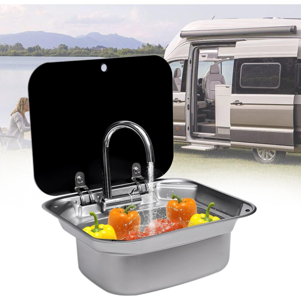 Rv Sink With Glass Lid And Folding Faucet, Stainless Steel Compact Camper Kitchen Basin With Drain 9187378948002