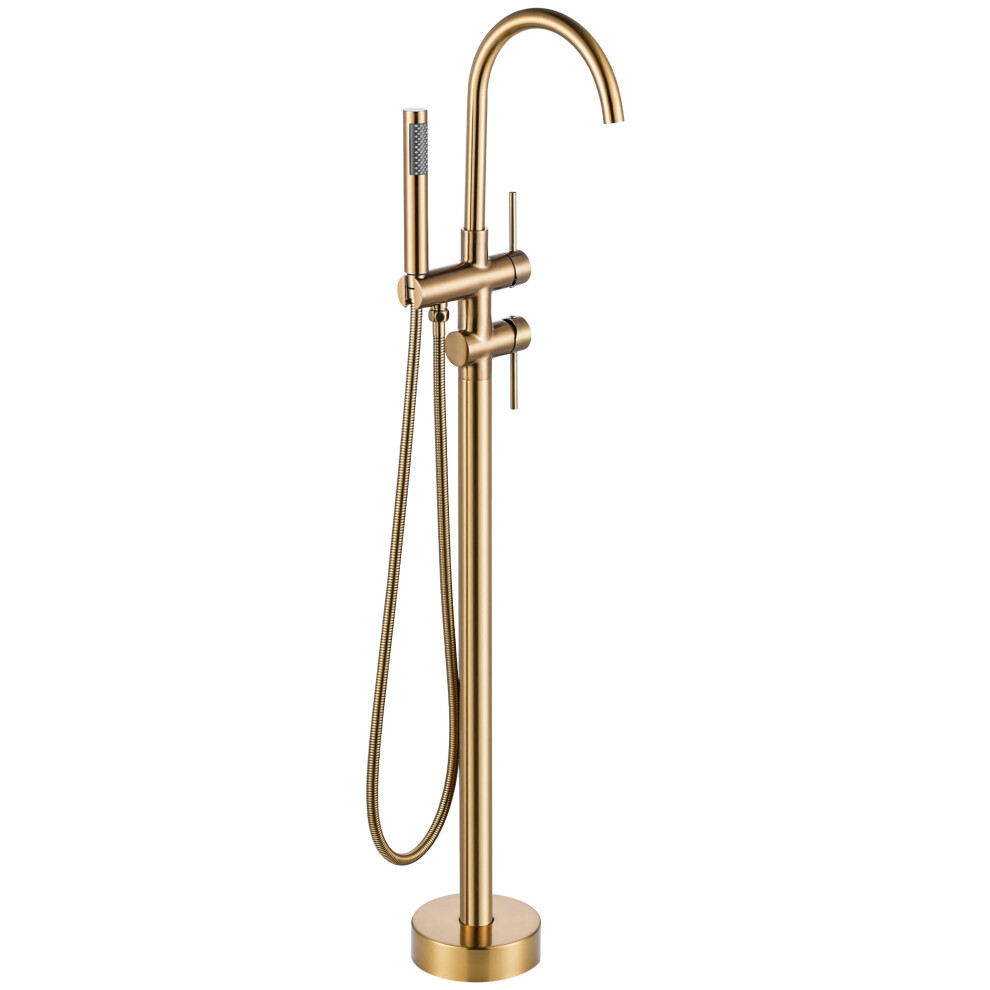 Freestanding Bathtub Faucet Brushed Gold, Floor Mount Tub Filler With Handheld Shower, Flow Brass 9199774704137