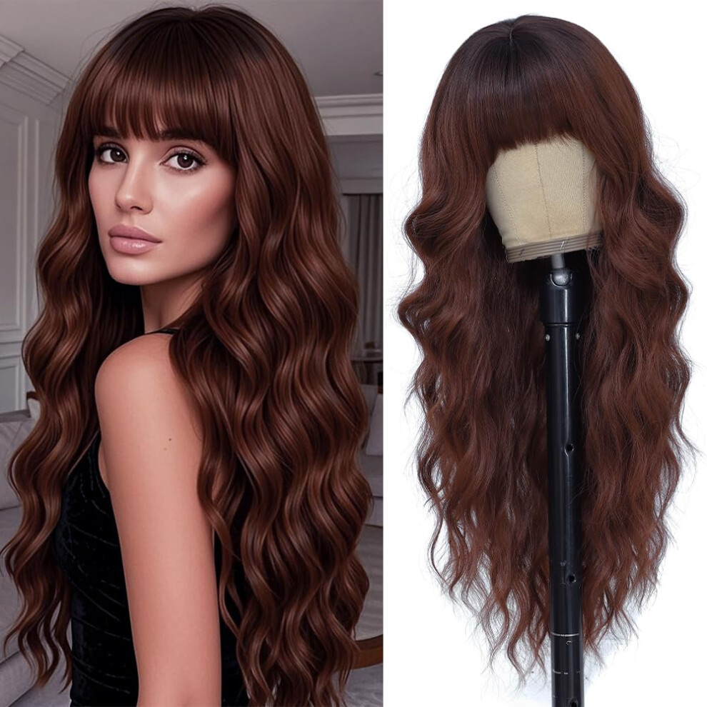 26 Inch Auburn Wavy Wig with Bangs, Heat Resistant Fiber, Natural Looking Hair for Women