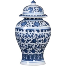 Chinese Porcelain Ginger Jar with Lid, Blue and White Ceramic Temple Jar, HandPainted Floral Vase 17x31cm