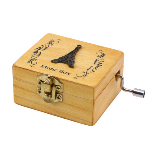 Wooden Music Box Handmade Rotation Box Birthday Gift (Eiffel Tower Pattern)