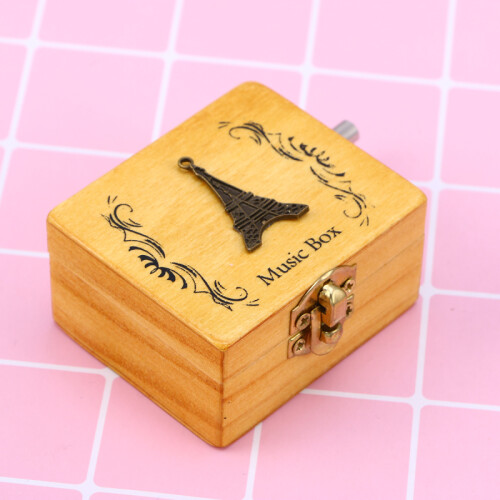 Wooden Music Box Handmade Rotation Box Birthday Gift (Eiffel Tower Pattern) 2