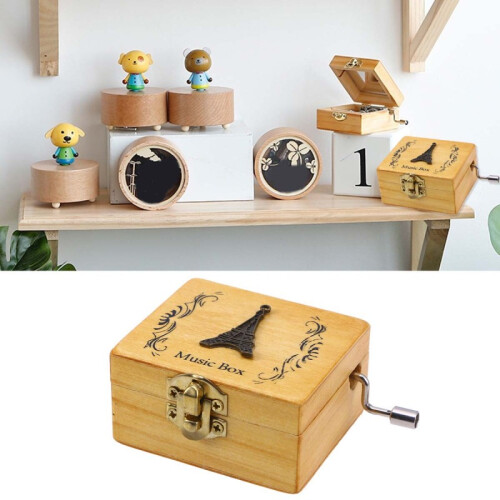 Wooden Music Box Handmade Rotation Box Birthday Gift (Eiffel Tower Pattern) 1