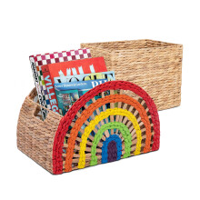 Wicker Storage Baskets Set of 2 with Colorful Rainbow Design, Handwoven Water Hyacinth, Large Size