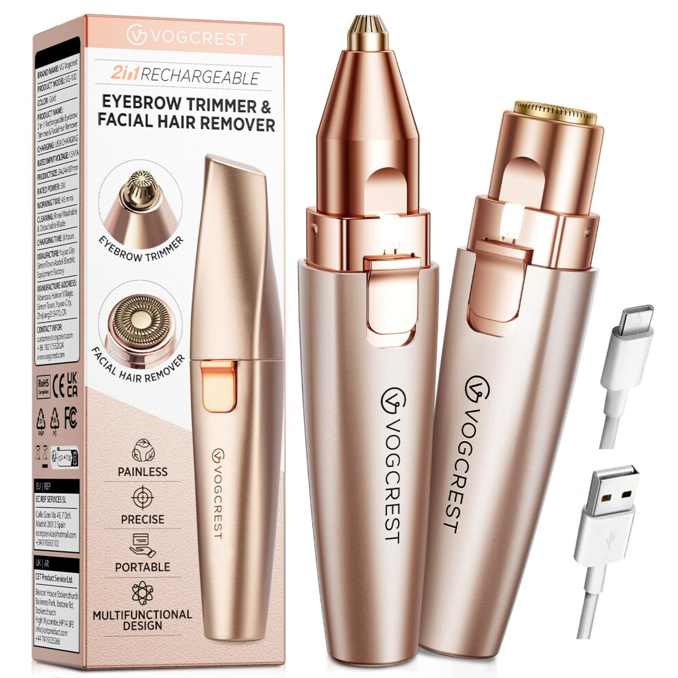Vg Vogcrest Eyebrow Facial Trimmer: 2 In1 Rechargeable Facial Hair Removal And Eyebrow Shaver - Face Lips Body Painless Facial Razor With Built-In Le