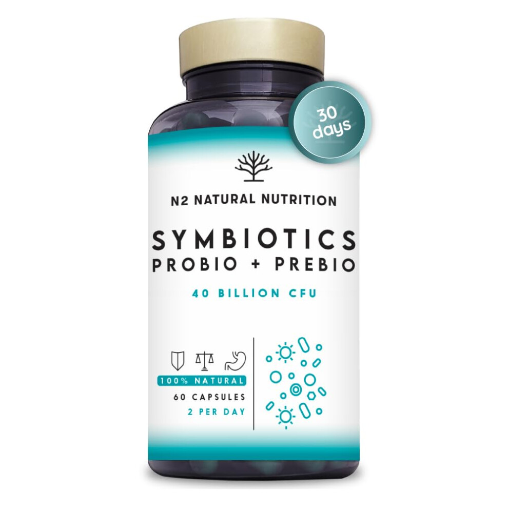 N2 Natural Nutrition Probiotics And Prebiotics Supplement 40 Billion Cfu. 6 Probiotic Strains, 60 Vegan Chlorophyll Capsules.